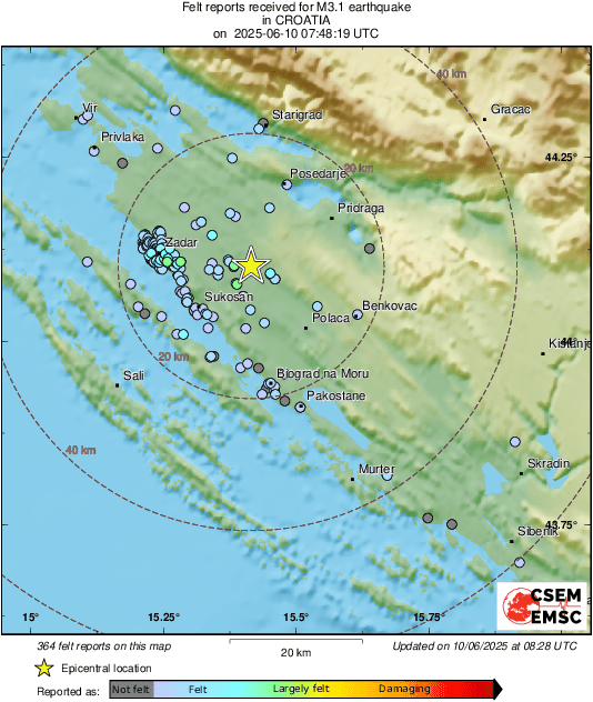 Potres kod Zadra magnitude 3,1: „ Puklo kao bomba i lagano te kratko podrhtavanje”